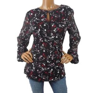 WHBM Floral Black Red Blouse Long Sheer Sleeves White House Black Market Size M